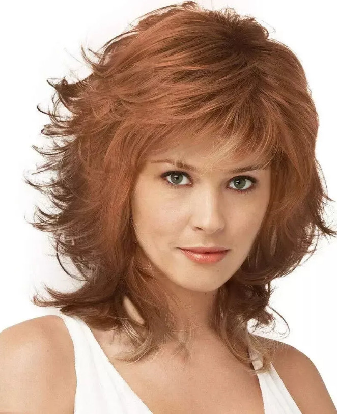 Mid Length Shag Capless Wavy Layered Synthetic Hair Wigs Women Natural Auburn
