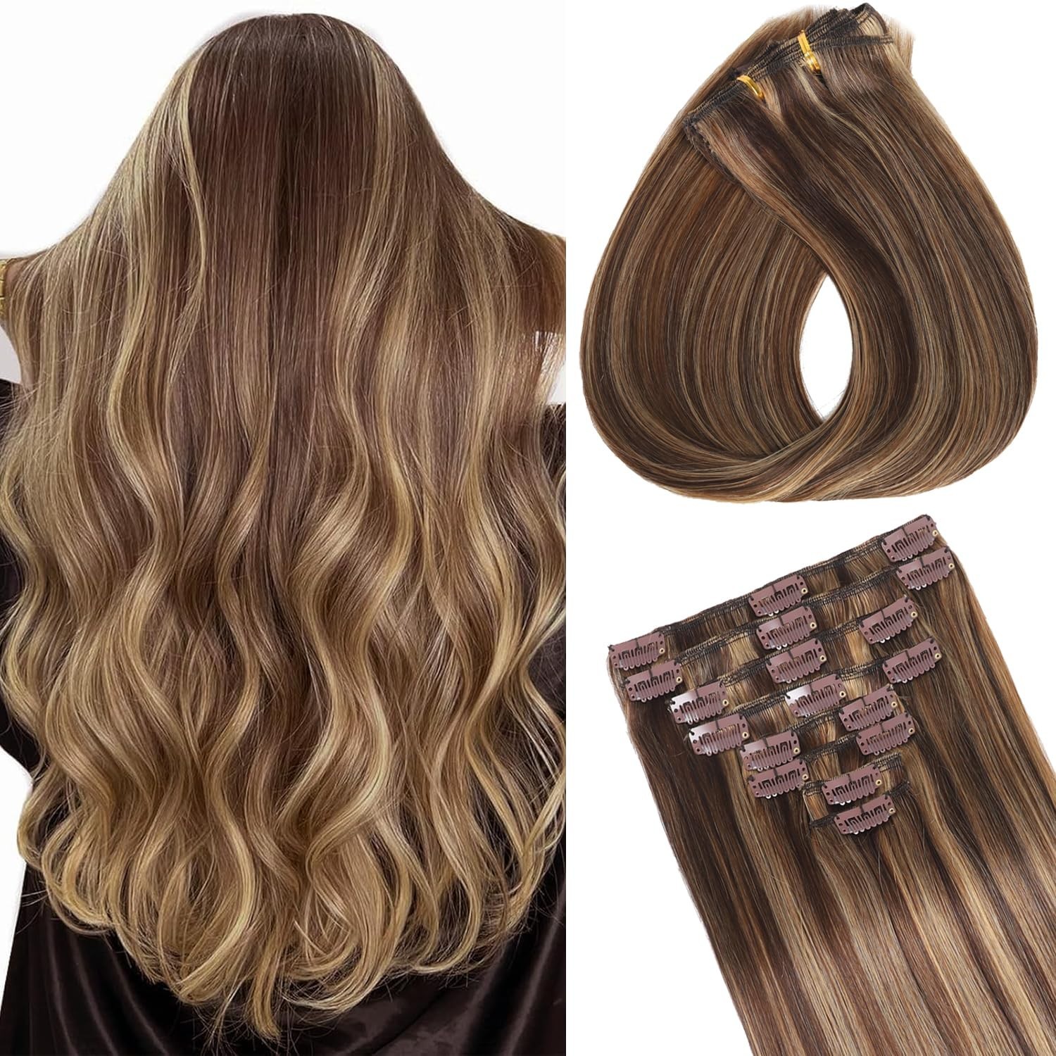 Seamless Clip-In Hair Extensions, 24″ Real Human Hair, Balayage Chocolate Brown