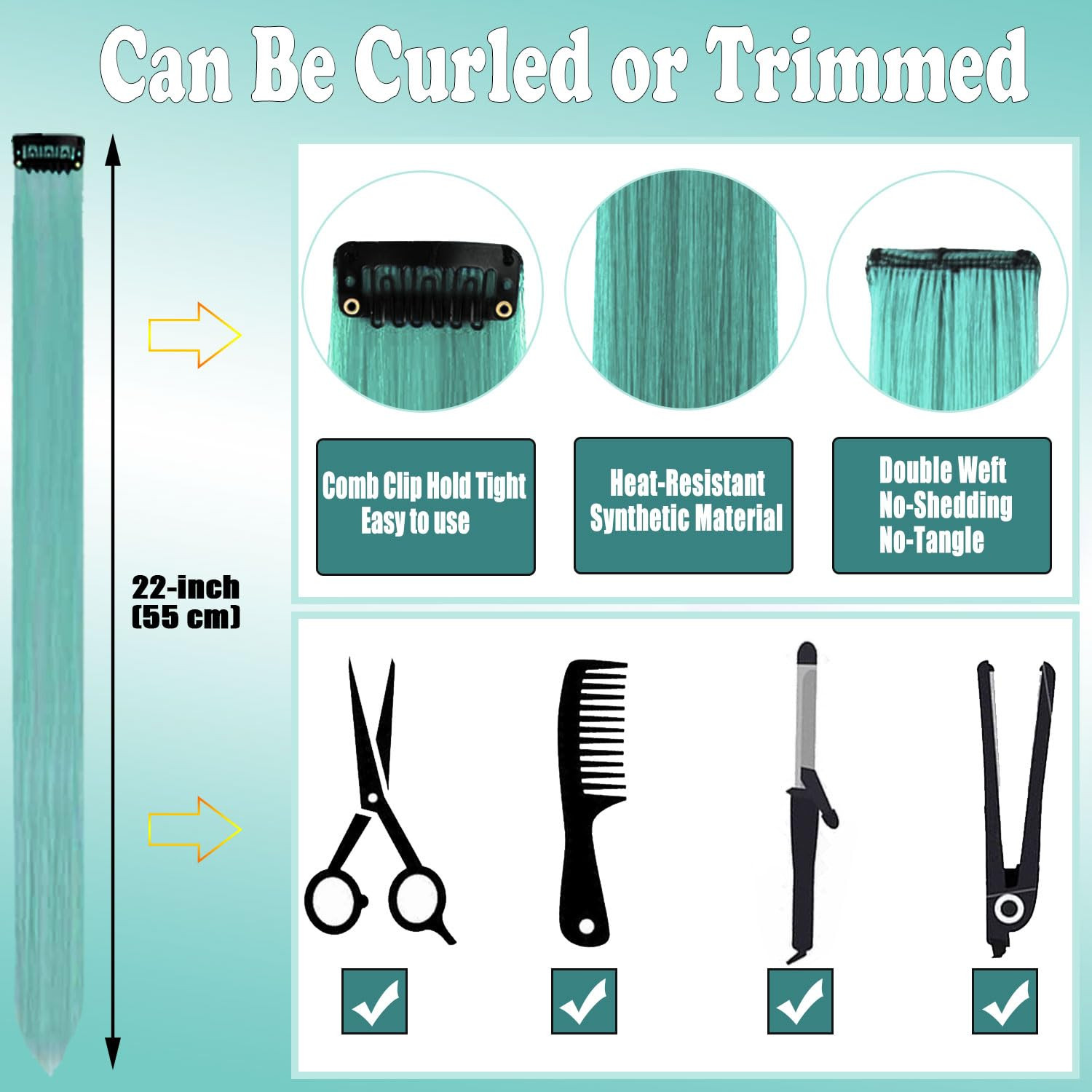Teal Blue Clip-In Hair Extensions, 22 Inch Synthetic Highlights for All Ages