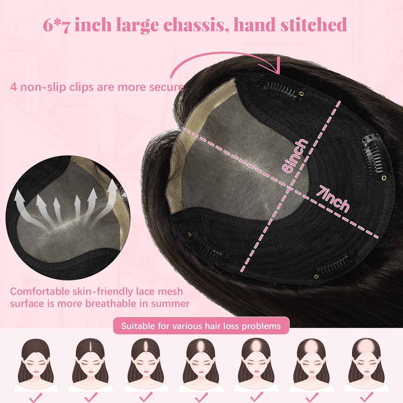 16″ Real Human Hair Topper for Women – Natural Black, 6×7″ Base, Volume Boost