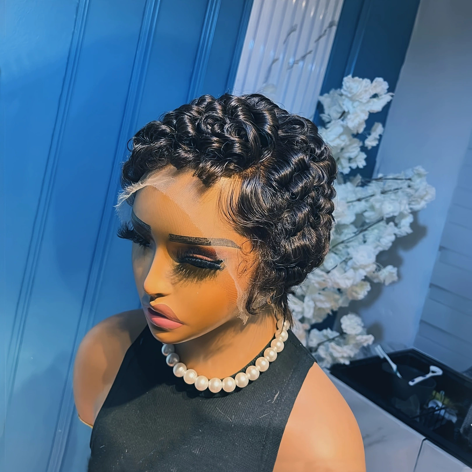 Finger Wave Pixie Cut L part Lace Front Human Hair Wig For Women
