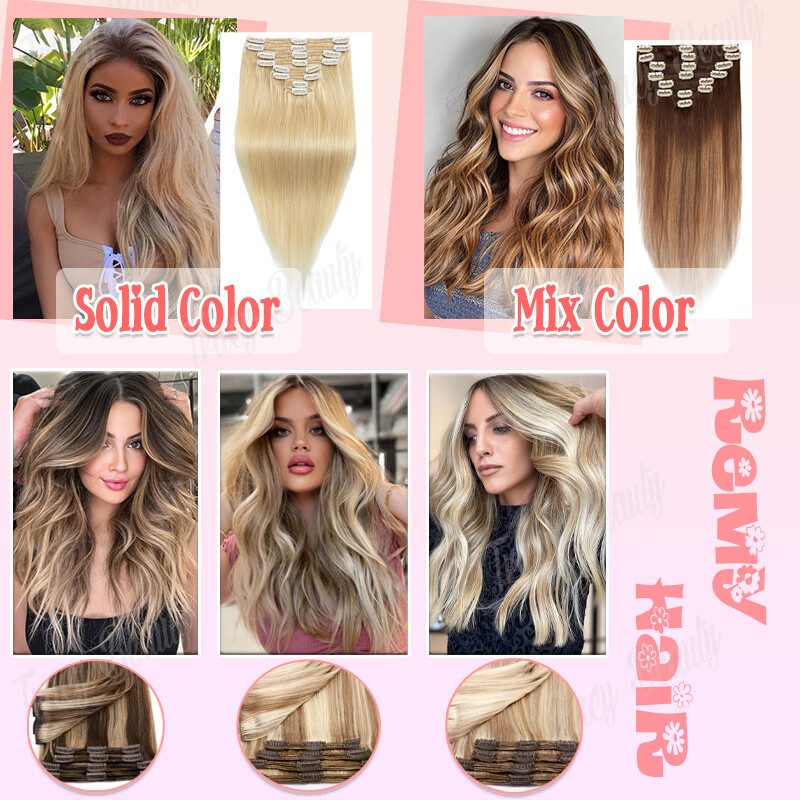 CLEARANCE Clip In Russian Human Hair Extensions Real Remy Hair 8Pieces Full Head