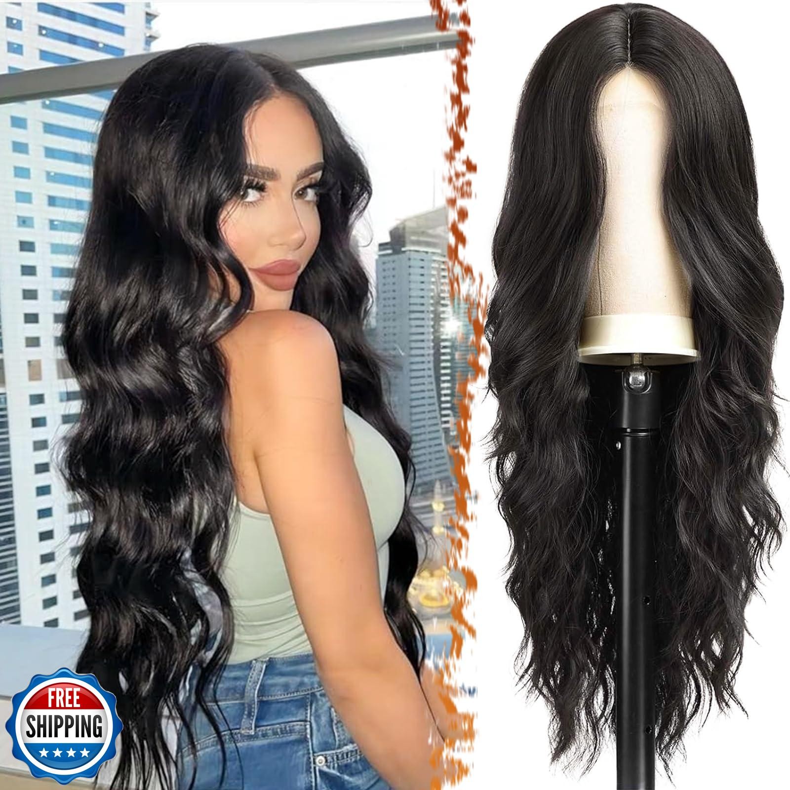 BARSDAR Long Wavy Black Wig – Long Wavy Middle Part Black Wig for Women – 26