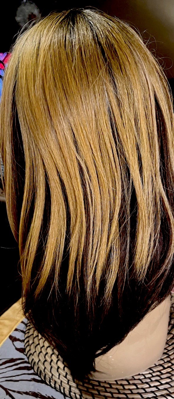 100% GOLDEN BLONDE MIXED DARK BROWN OMBRÉ W/ BANGS HAND TIED CAP HEAT OK NEW