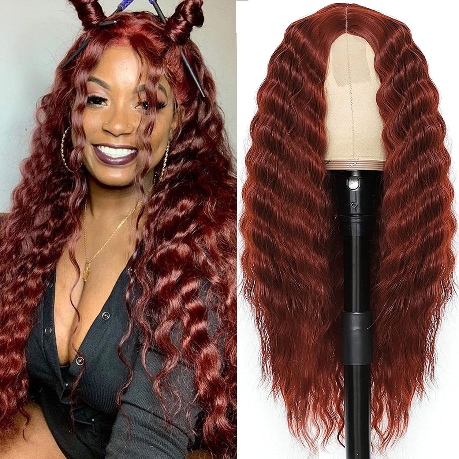 Black Middle Part Deep Wave Small Lace Wig Synthetic Water Wave Wig For Fashion