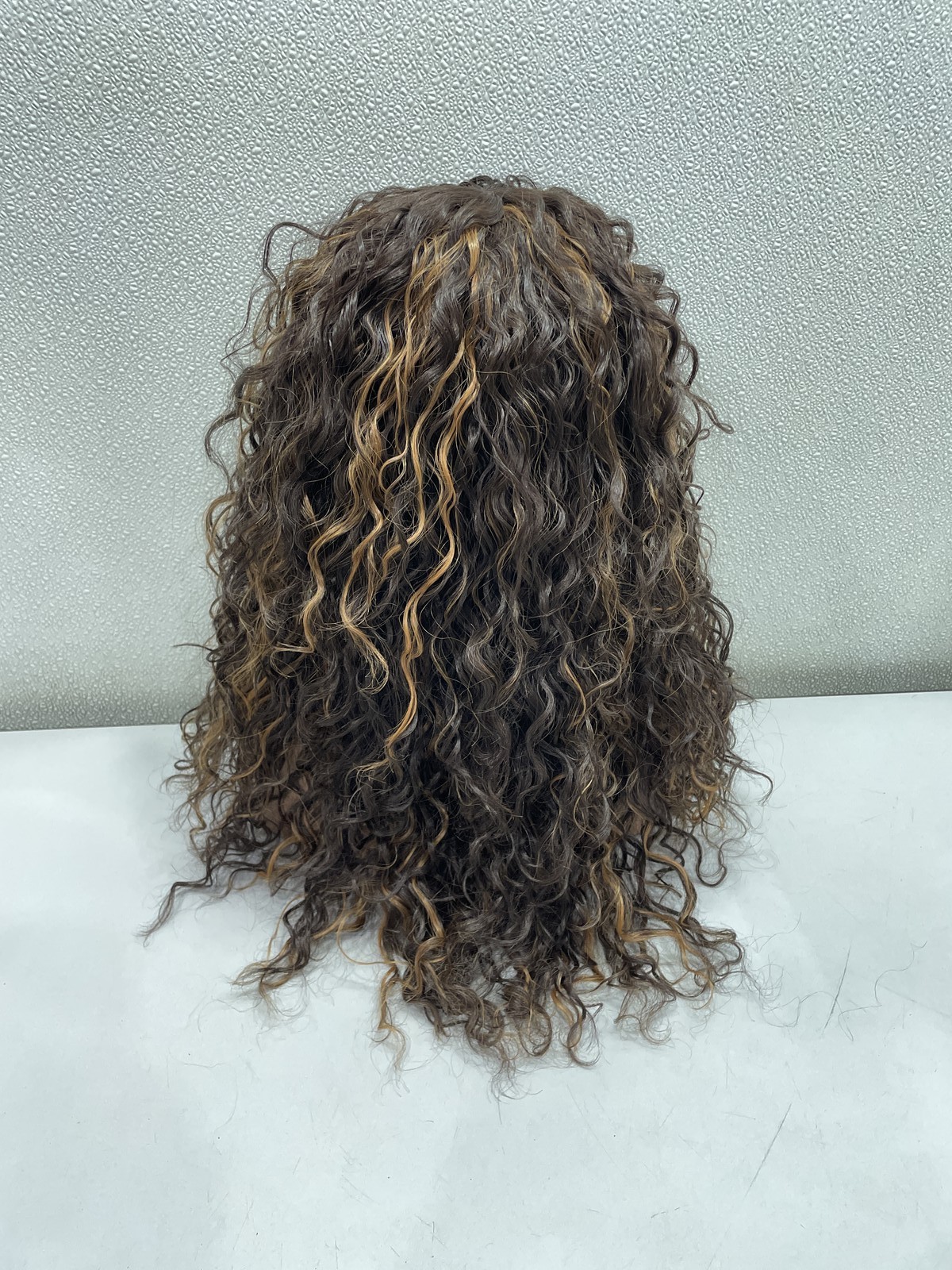 Gorgius Brown Highlights Fiber & Human Hair Blend Curly Wig With Bangs 20″