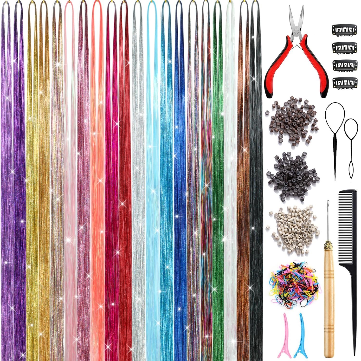24-Color Hair Tinsel Kit with 7800 Strands and Tools for Festive Hair Extensions