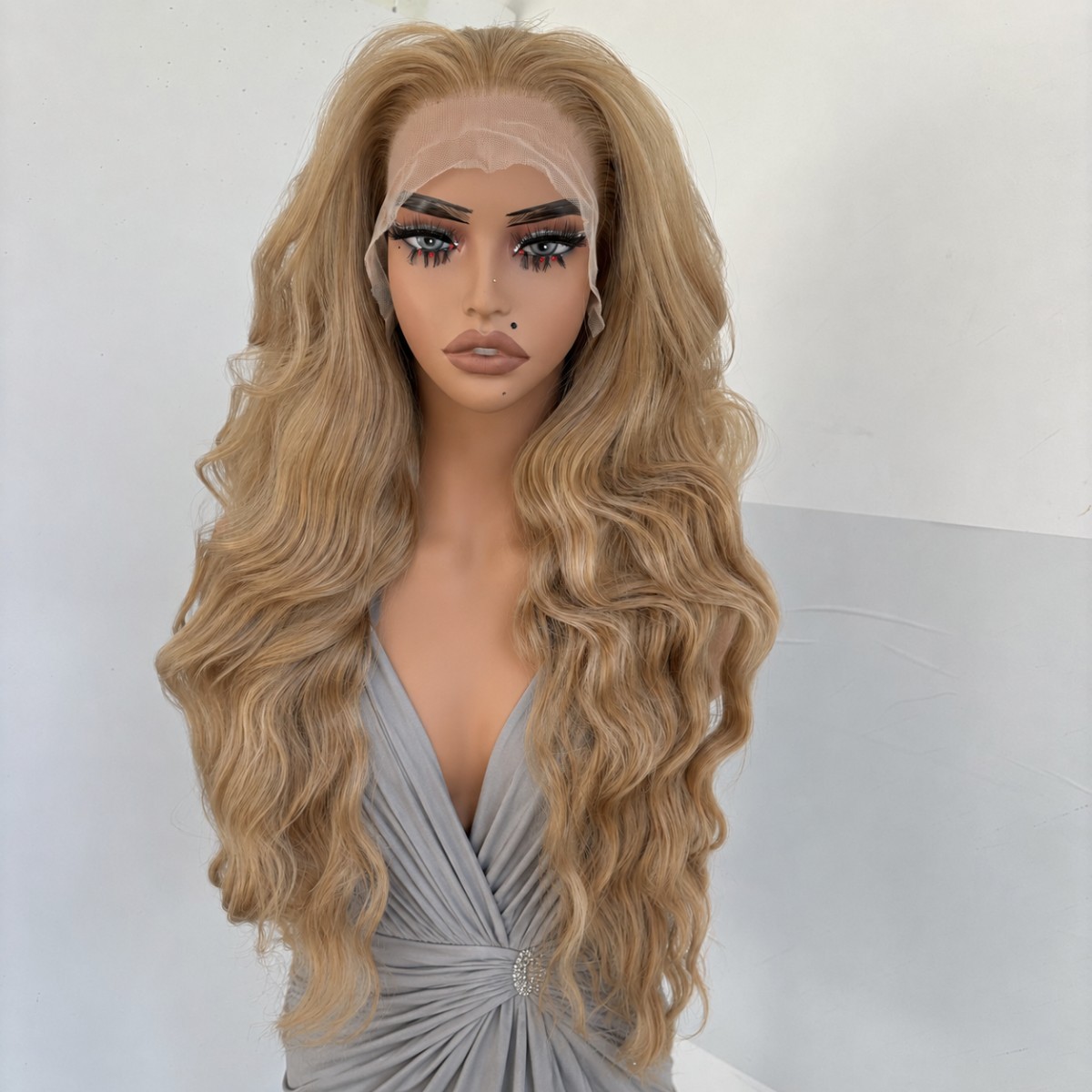Lace Frontal Wig Blended Blonde Long Wavy Synthetic Hair Heat Resistant Layered