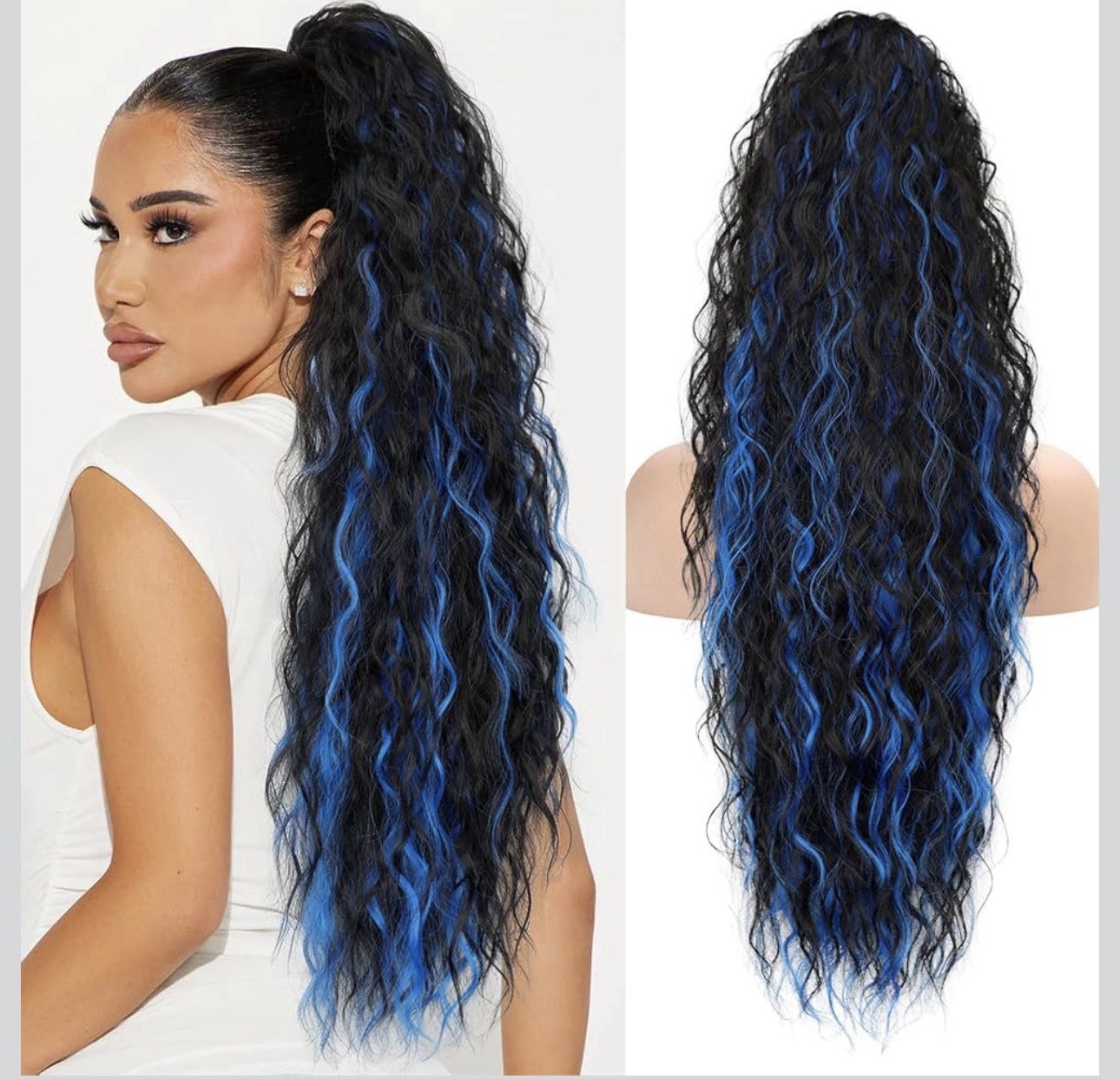 Aisi Beauty Ponytail Claw Clip Hair Extension 26 Inch Wavy Black & Blue Streaks
