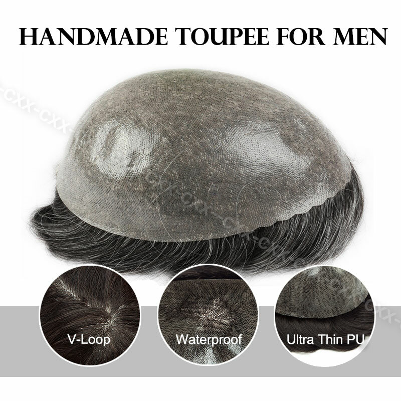 Mens Hair Replacement System Full Lace Poly Thin Skin Toupee Human Hair Piece PU