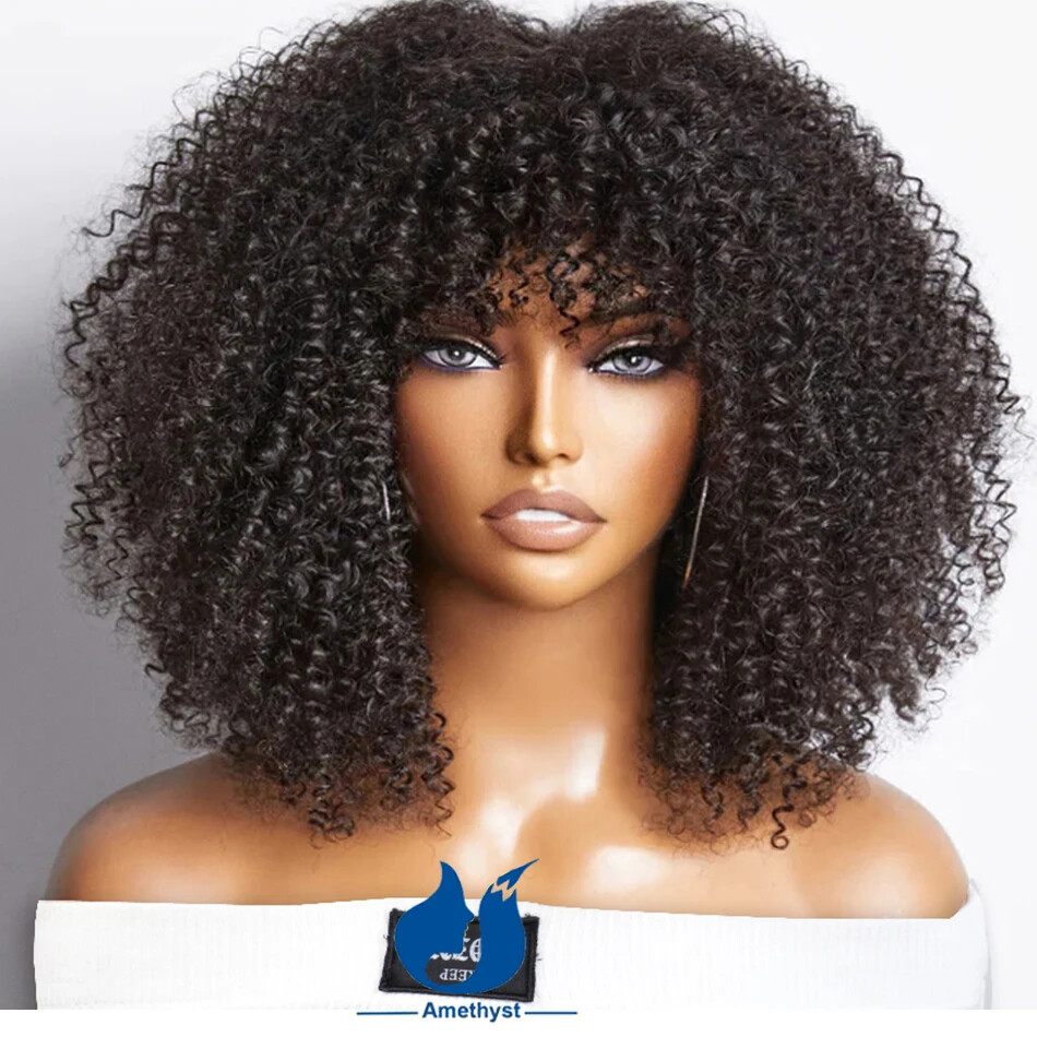 250% Afro Kinky Curly Human Hair Wig With Bangs Scalp Top Full Machine Made Wigs