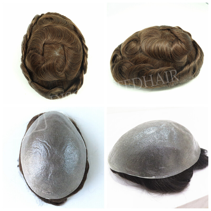 Mens Hair Replacement System Micro Thin Skin Natural Human Hairpiece Toupee #5R