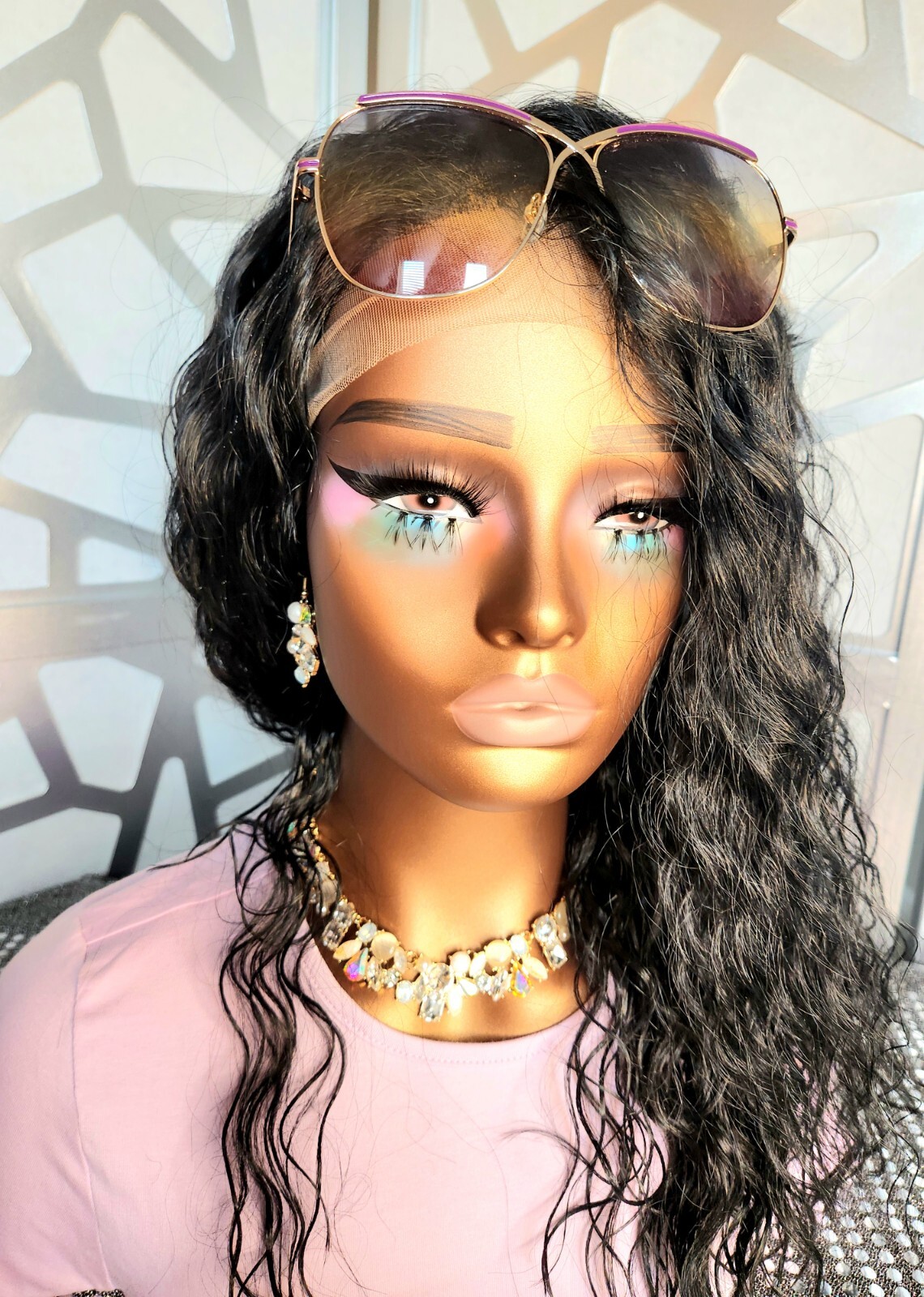 Jet Black Wavy Wig 13×6 Lace Front Human Hair Blend Curly Wig Heat Glueless