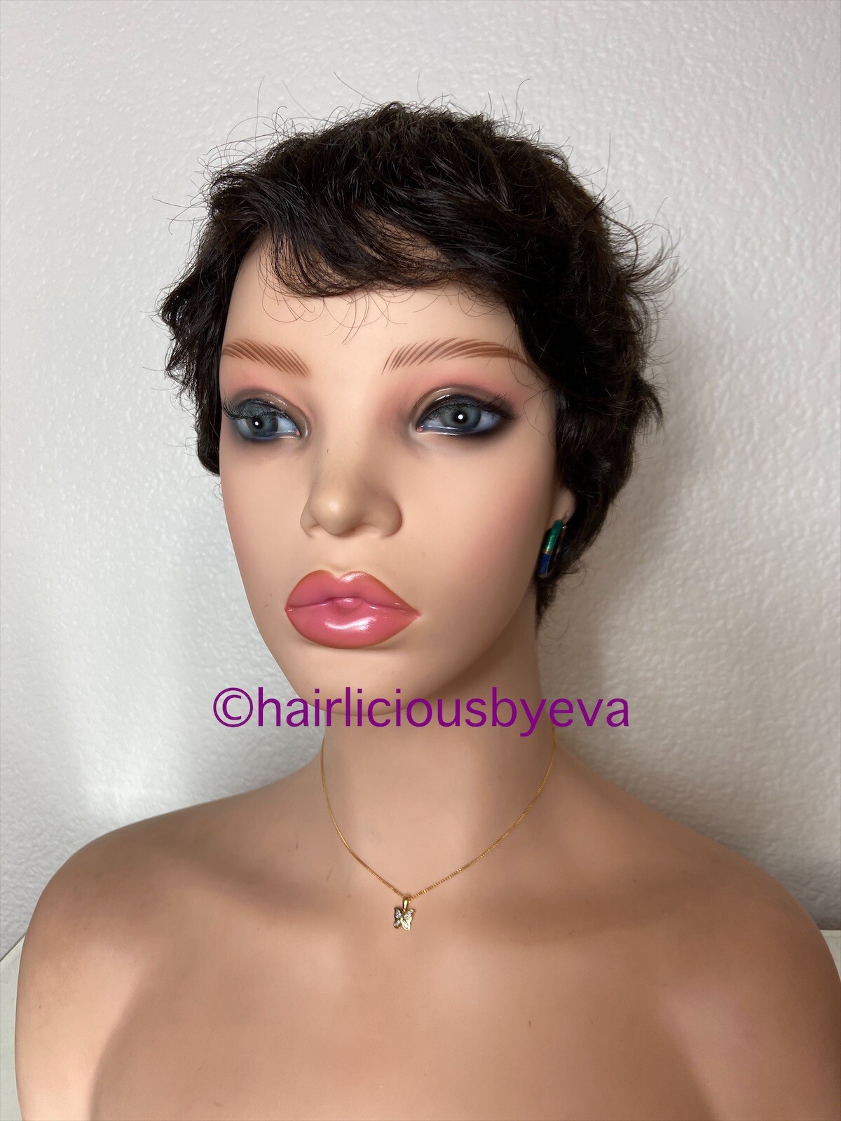 Human Hair Short Pixie Wig Buzz Cut Curly Dark Brown Color 2