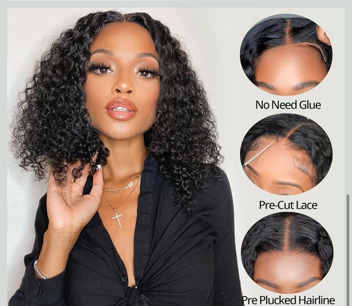 Curly Bob Human Hair Wig 10″ 4×4 Glueless Lace Closure 200% Density Pre Cut Pluc
