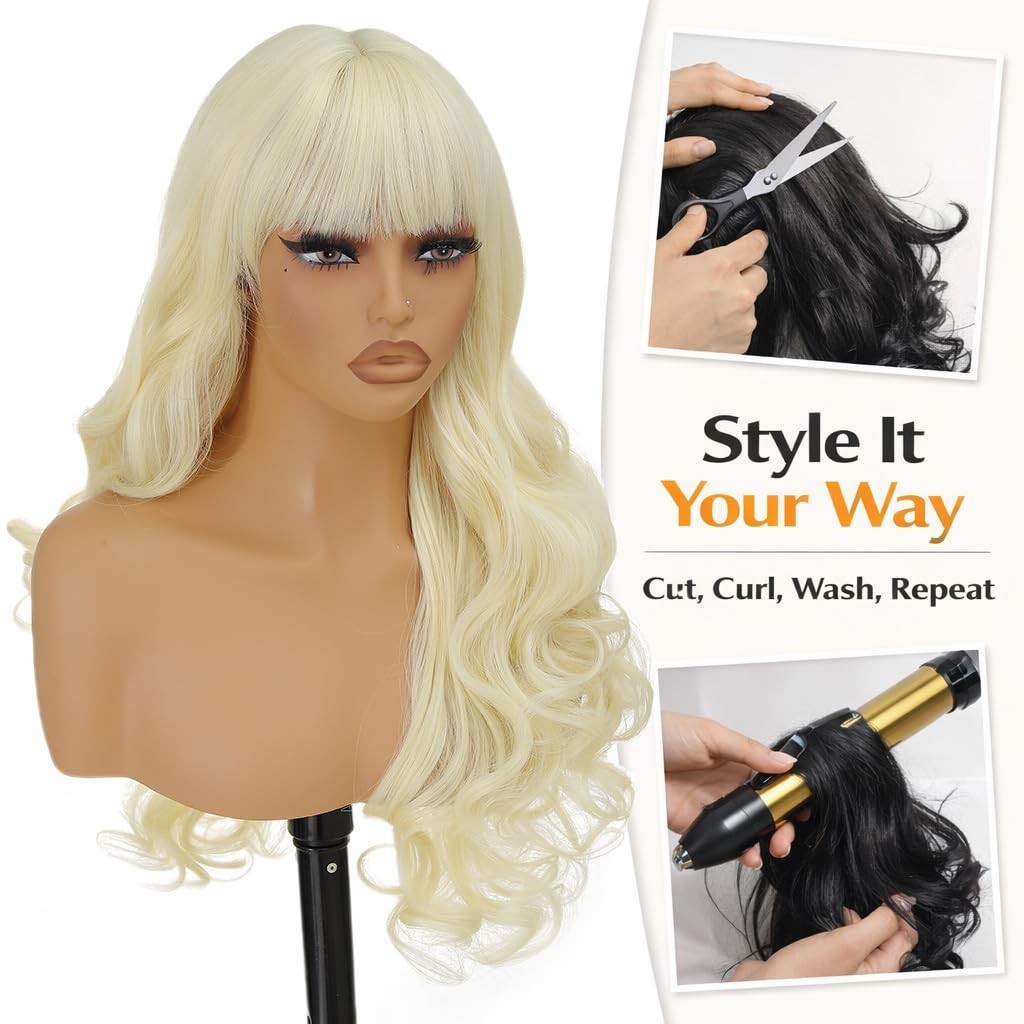 Long Body Wave Blonde Wig With Bangs – 26 Inch Long Wavy Blonde Wig with Bang…