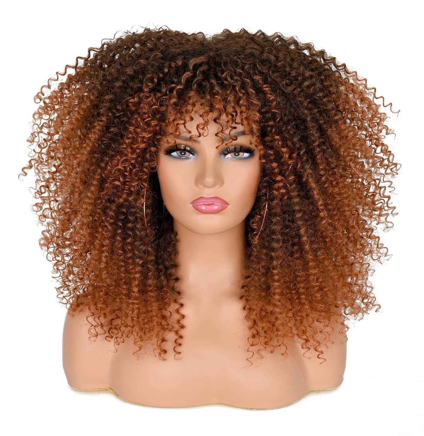 16-Inch Glueless Afro Curly Wig with Bangs – Black to Brown Heat-Resistant Style