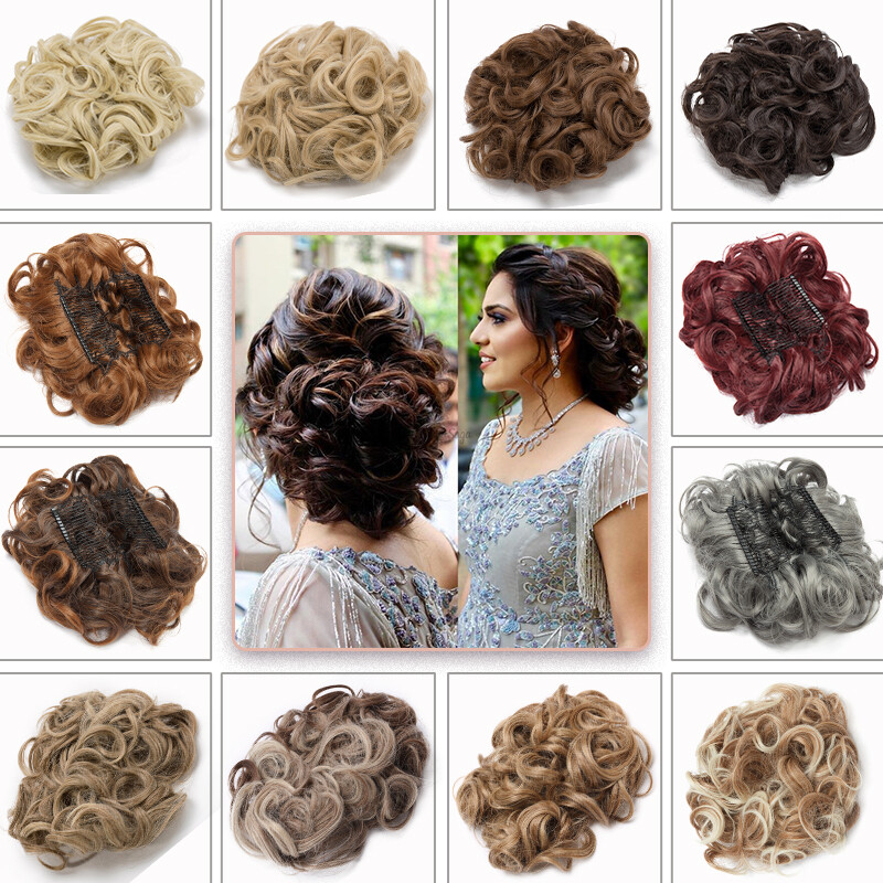 US Curly Chignon Messy Bun Updo Clip in on Hair Piece Bridal Extensions As Human