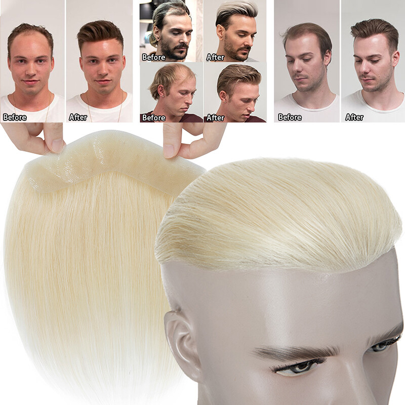 Men Toupee Thin Skin PU 100% Remy Human Hair Frontal Receding Hairline Hairpiece