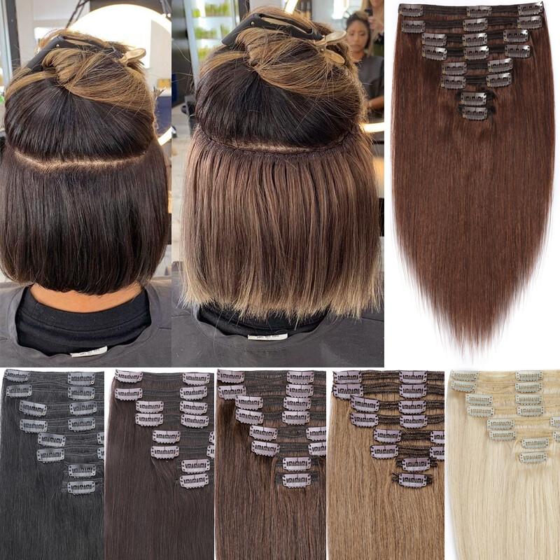 US Long Thick Double Weft Clip In 100% Remy Human Hair Extensions Balayage Ombre