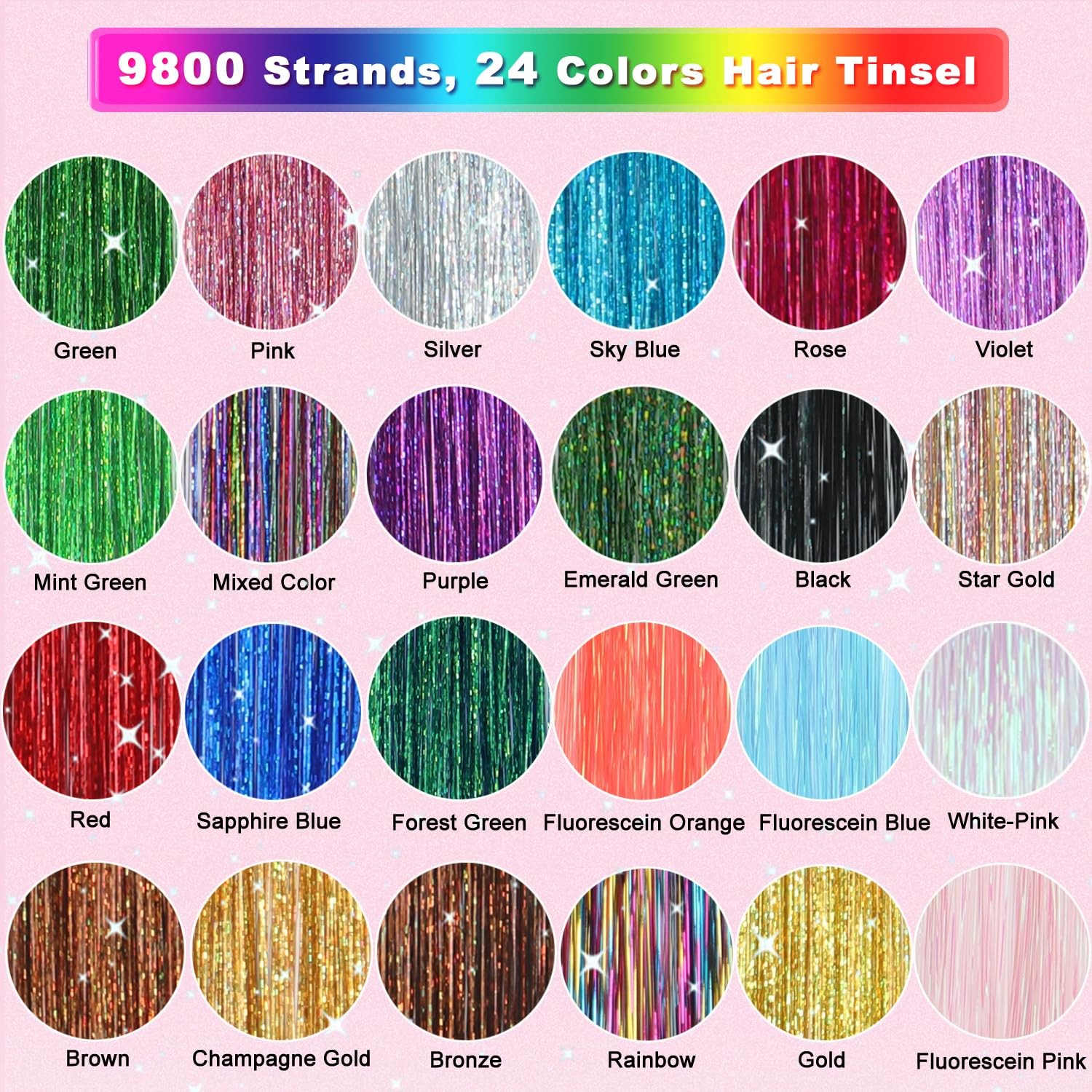 24-Color Hair Tinsel Kit with 7800 Strands and Tools for Festive Hair Extensions