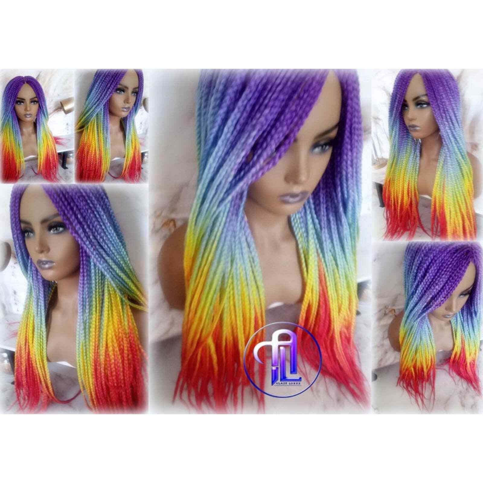 Rainbow Mermaid Purple Blue Yellow Orange Wig Box Braids hair Lace Part Pride