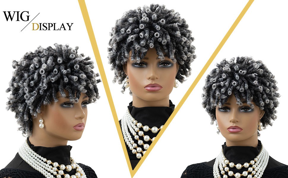 MIMAN Tight Curl Short Black Grey Afro Wig curly kink twist woman synthetic 10″