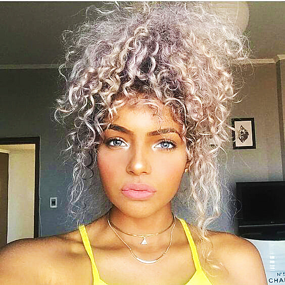 Afro Short Curly Gray Mixed Synthetic with Bangs Curly Hair Wig For Women Daily