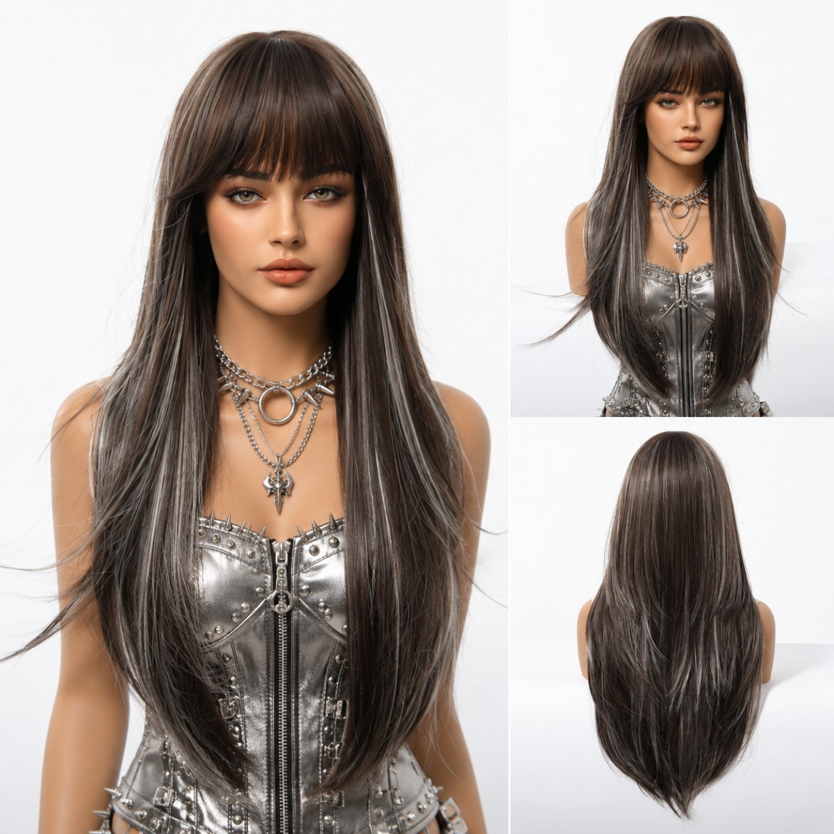 Synthetic Hair Cosplay Wig With Bangs Long Straight Mixed Brown blonde