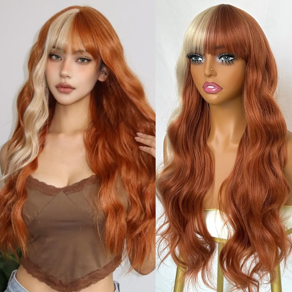 Blonde and Copper Synthetic Wigs Long Wavy Curly with Bangs for Cosplay and P…