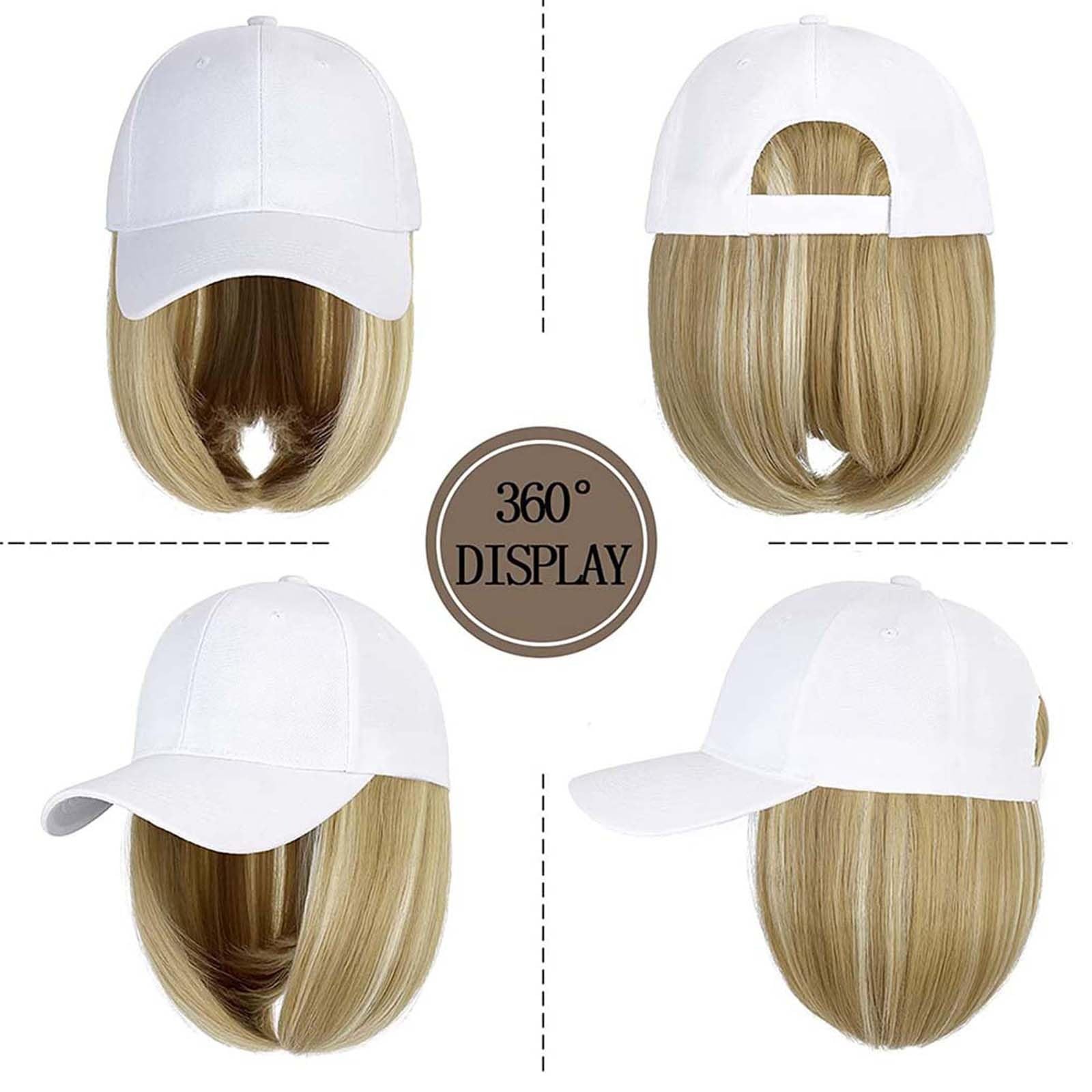 Woman Baseball Cap with Hair Extensions Straight Short Bob Hairstyle Adjustab…