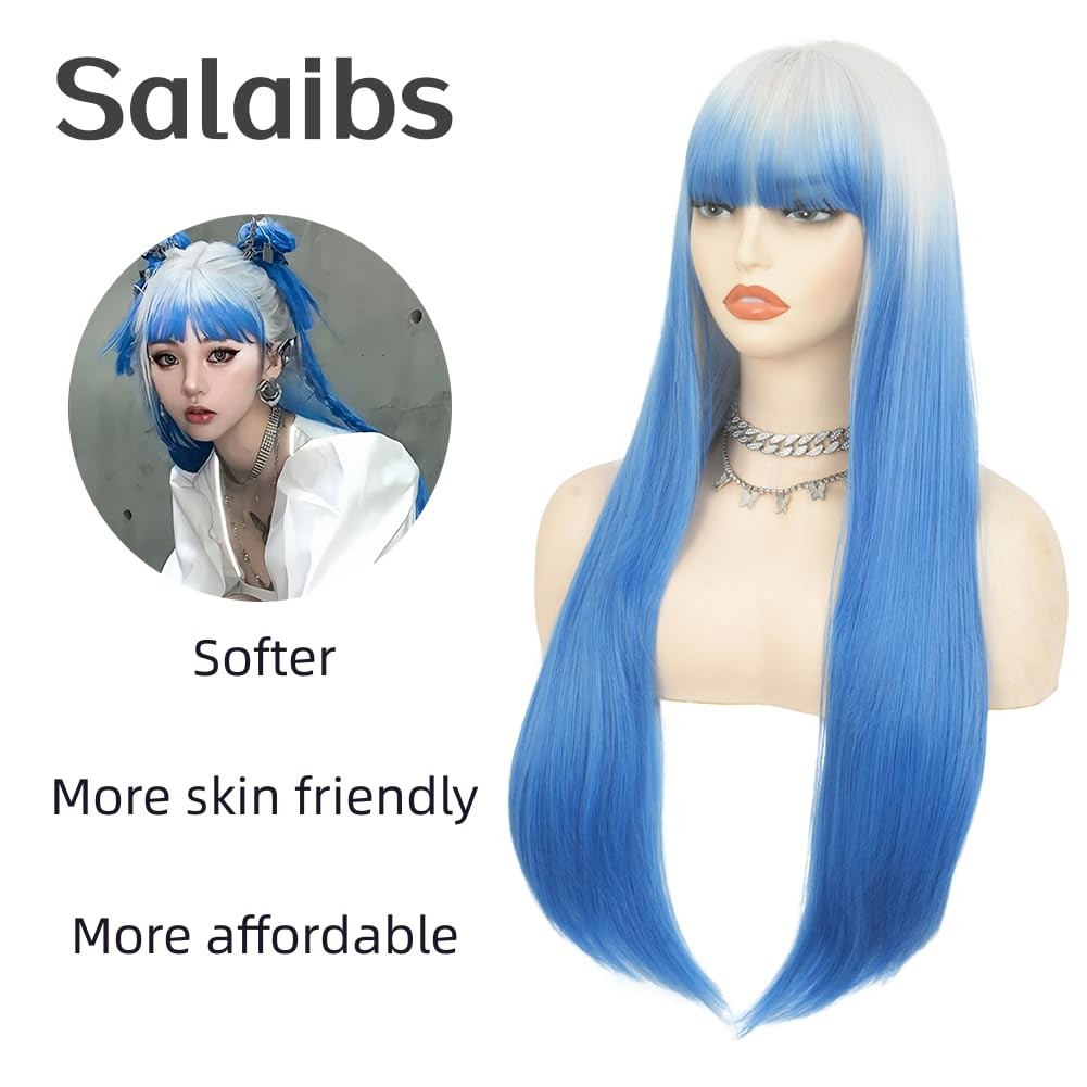 Ombre Blue Wigs with Bangs for Women Long Straight Synthetic Fiber Heat Resis…
