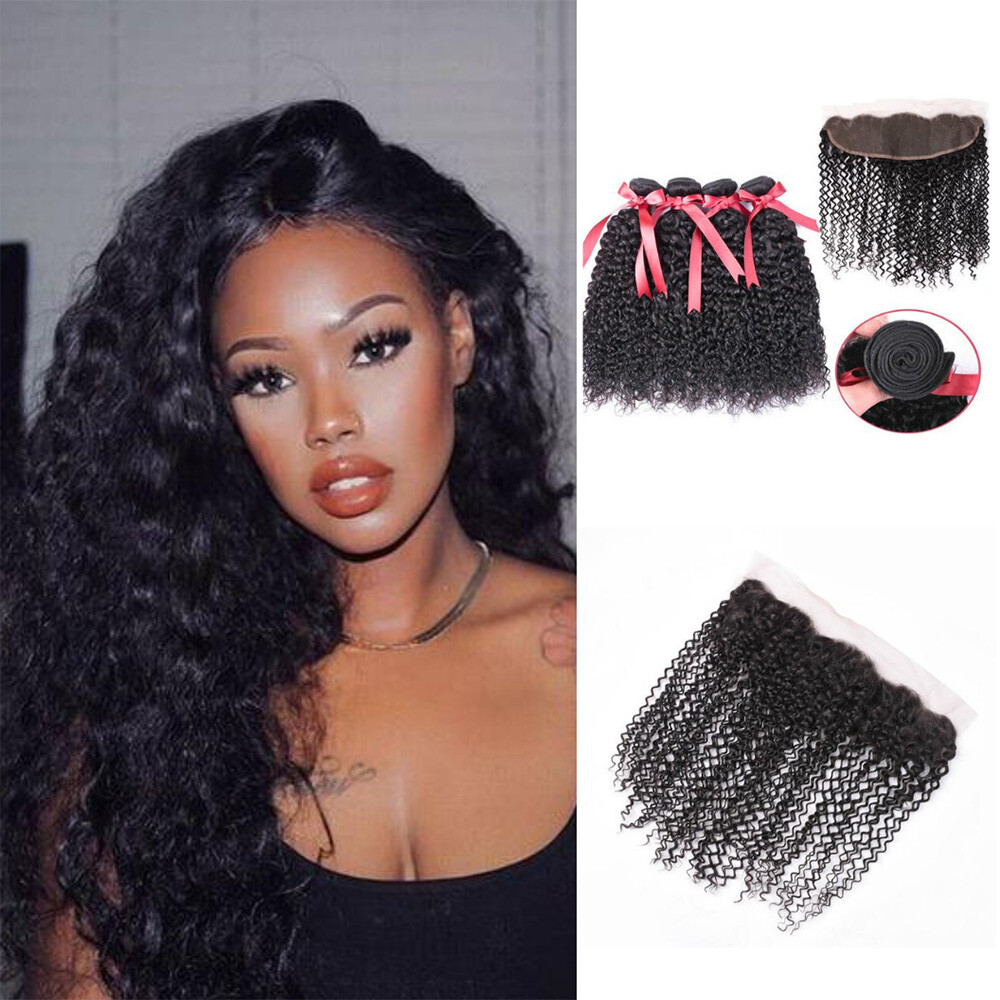 100% Human Hair Black color 1B Jerry Durl 3 Bundles with Frontal