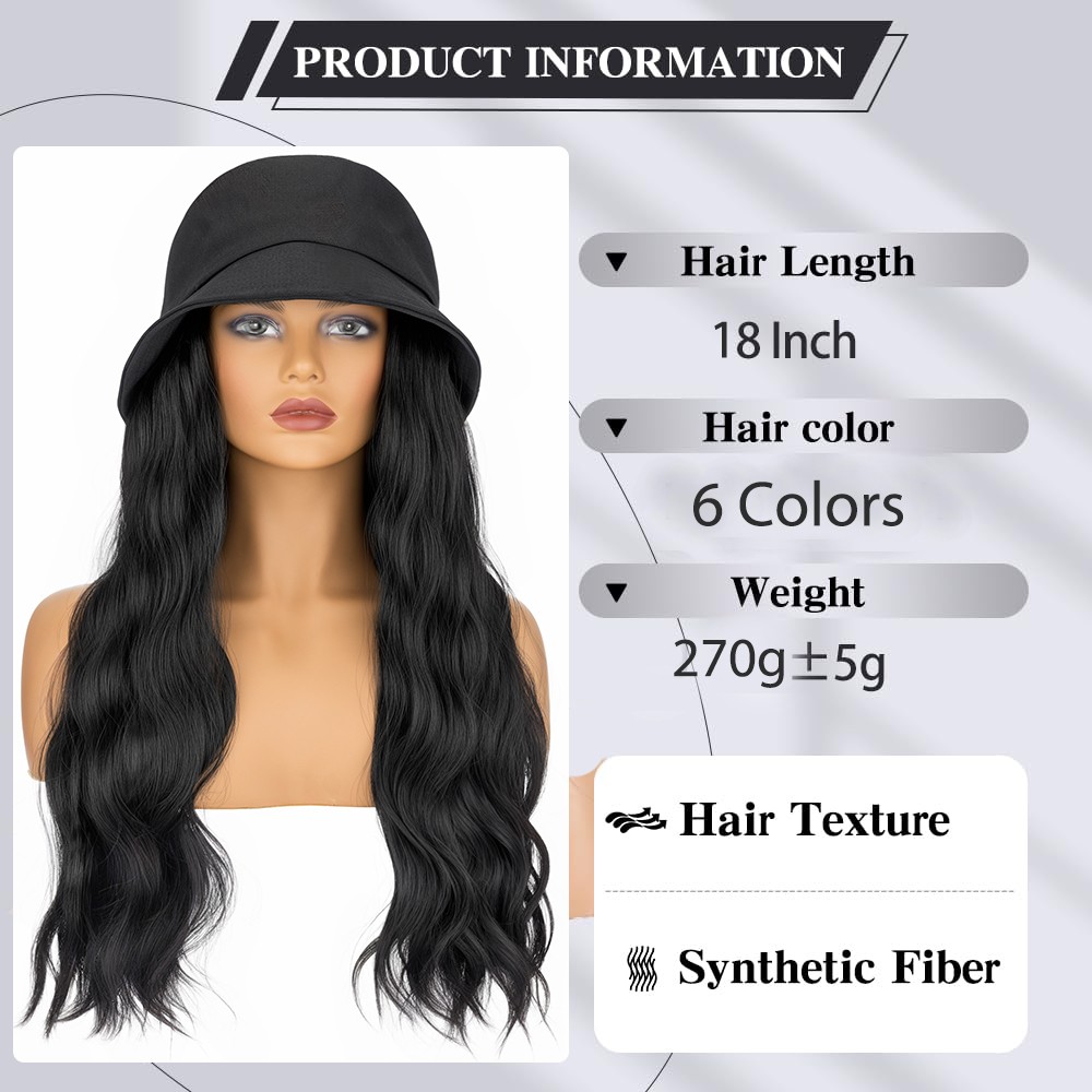 Bucket Hat Wig Black Newsboy Cap With Long Wavy Hairpiece 18″ Natural Hair Women