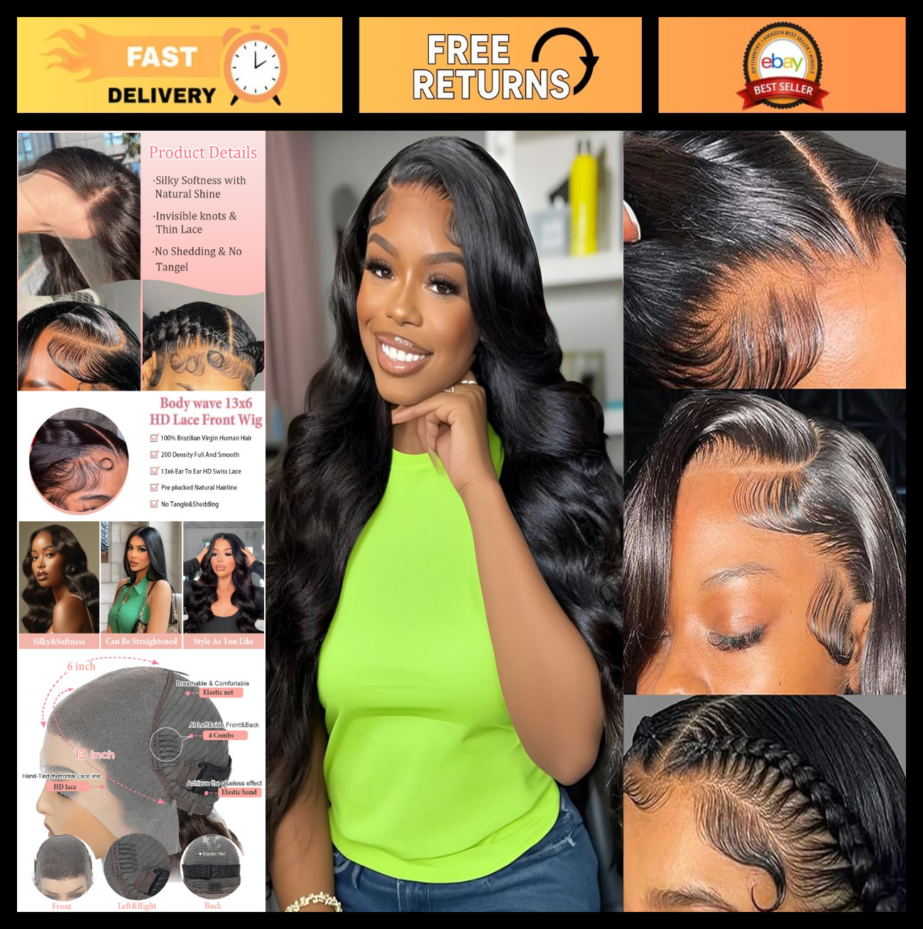 30″ 13×6 Lace Front Wig Human Hair 200% Density Body Wave HD Lace Pre-Plucked Na