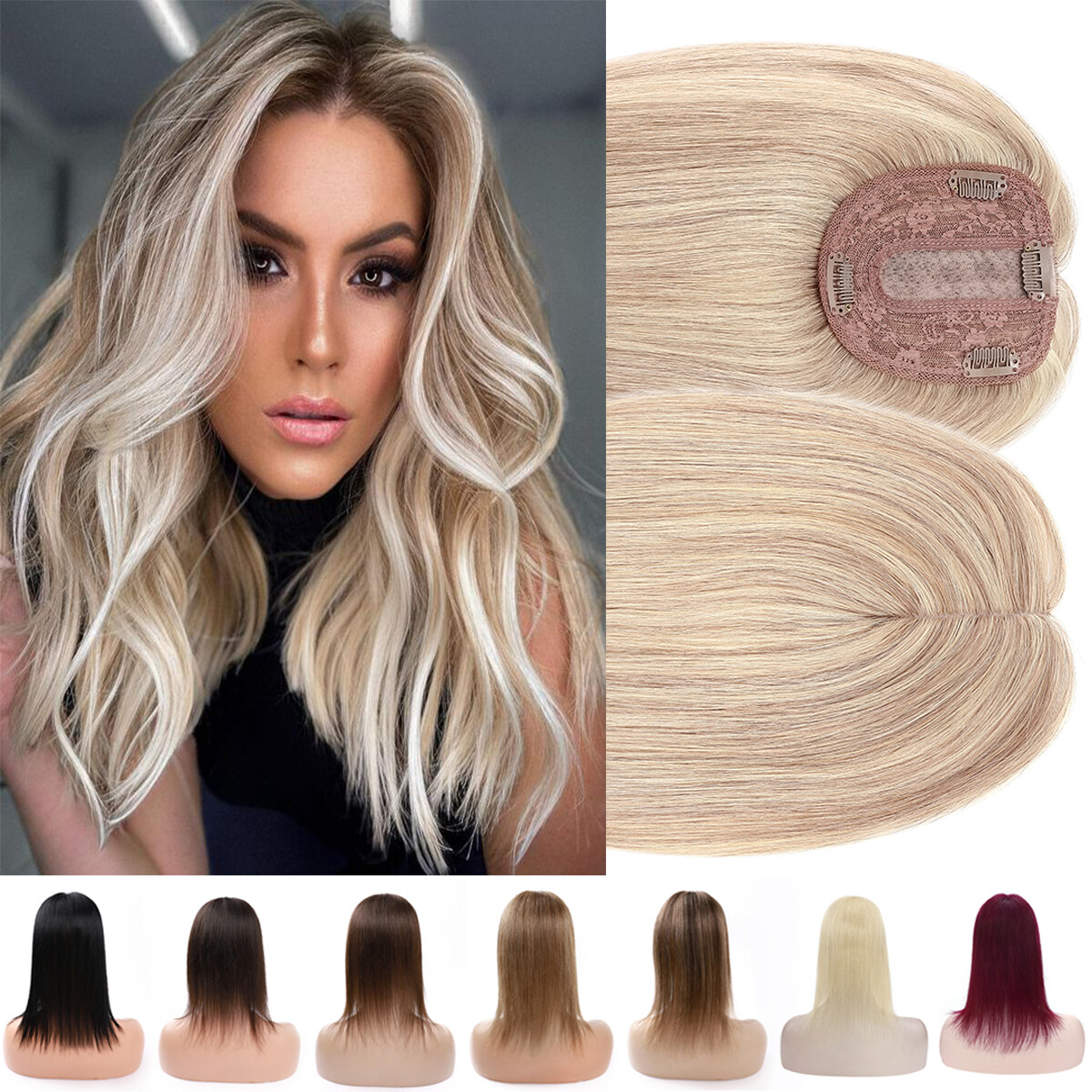 Real Remy Human Hair Top Topper Hairpiece Clip In Mono Silk Base Top Wiglet Weft