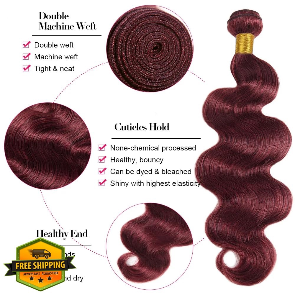 HeumHrn 32″ #99J Burgundy Body Wave Hair Bundles Wine Red