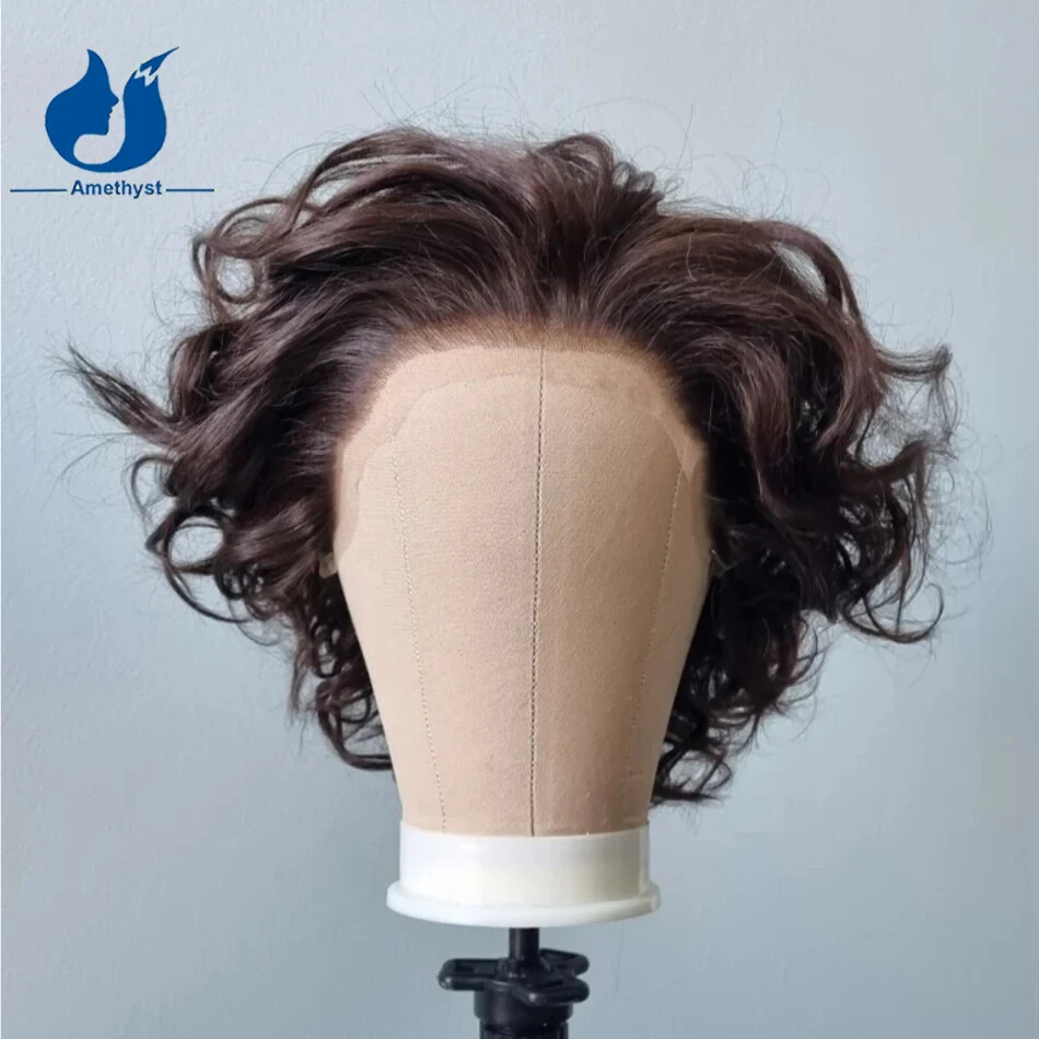 #3 Brown Curly Short Human Hair Wig for Men 13×6 Lace Frontal Pre-Plucked Male