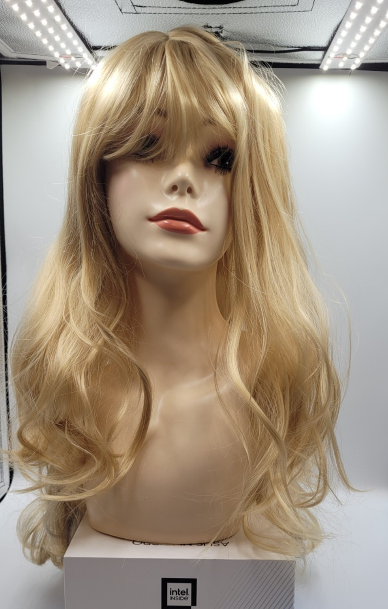 Long curly wave synthetic with blunt bang, Heat resistant fiber full head wig