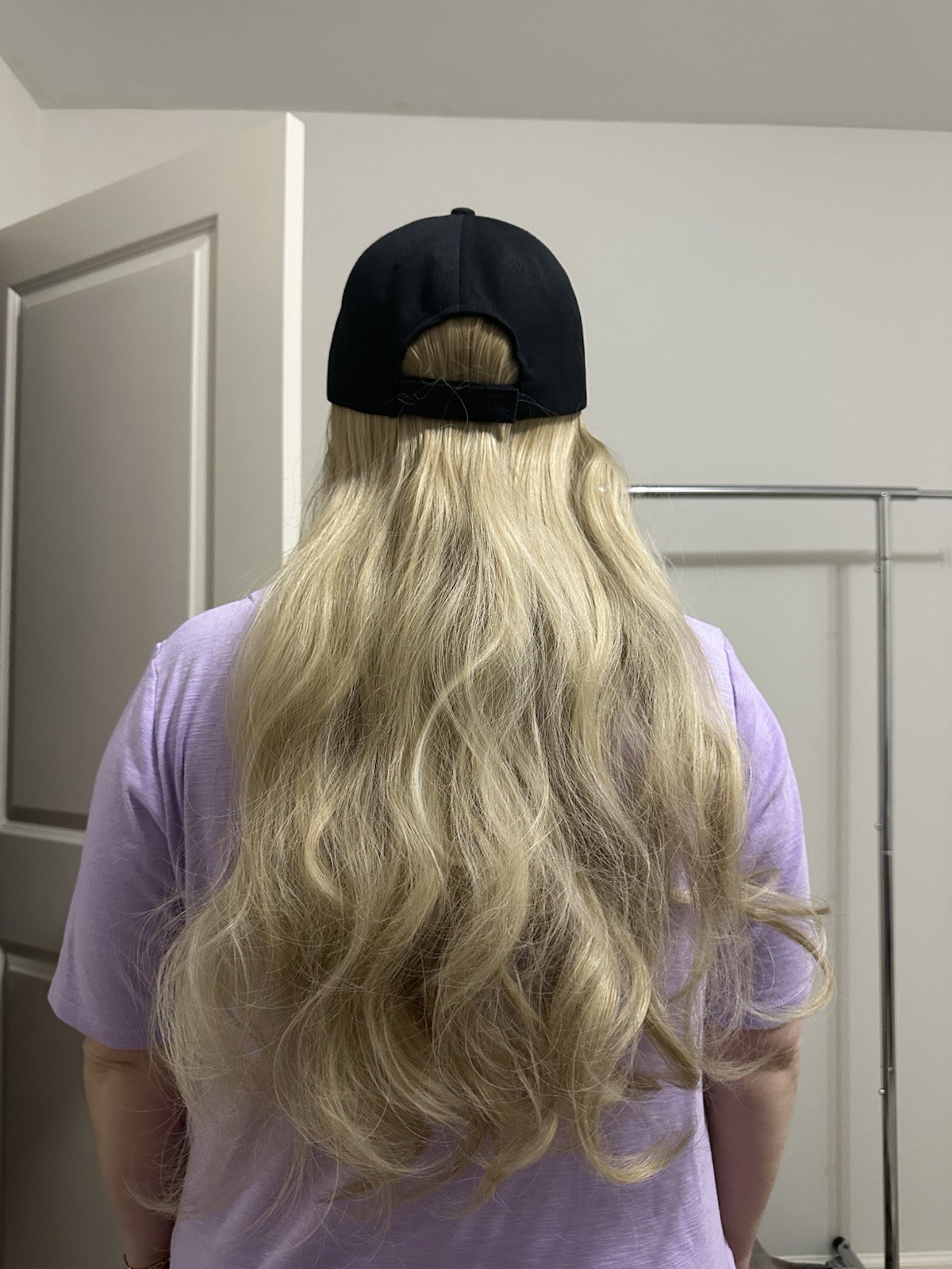 Baseball Hat Wig, attached 24” Adjustable Black Cap with Long Wavy Synthetic