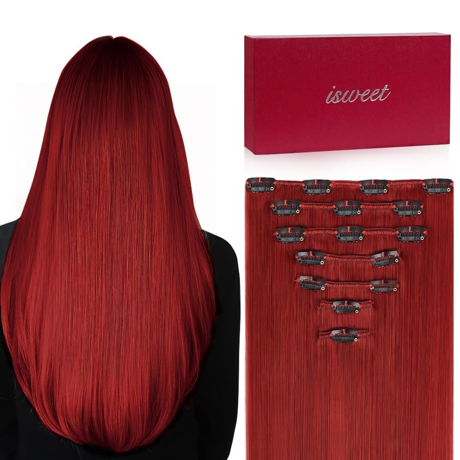 Straight Clip in Hair Extensions Real Human Hair, 7Pcs 14 Inch 95g Red Invisi…