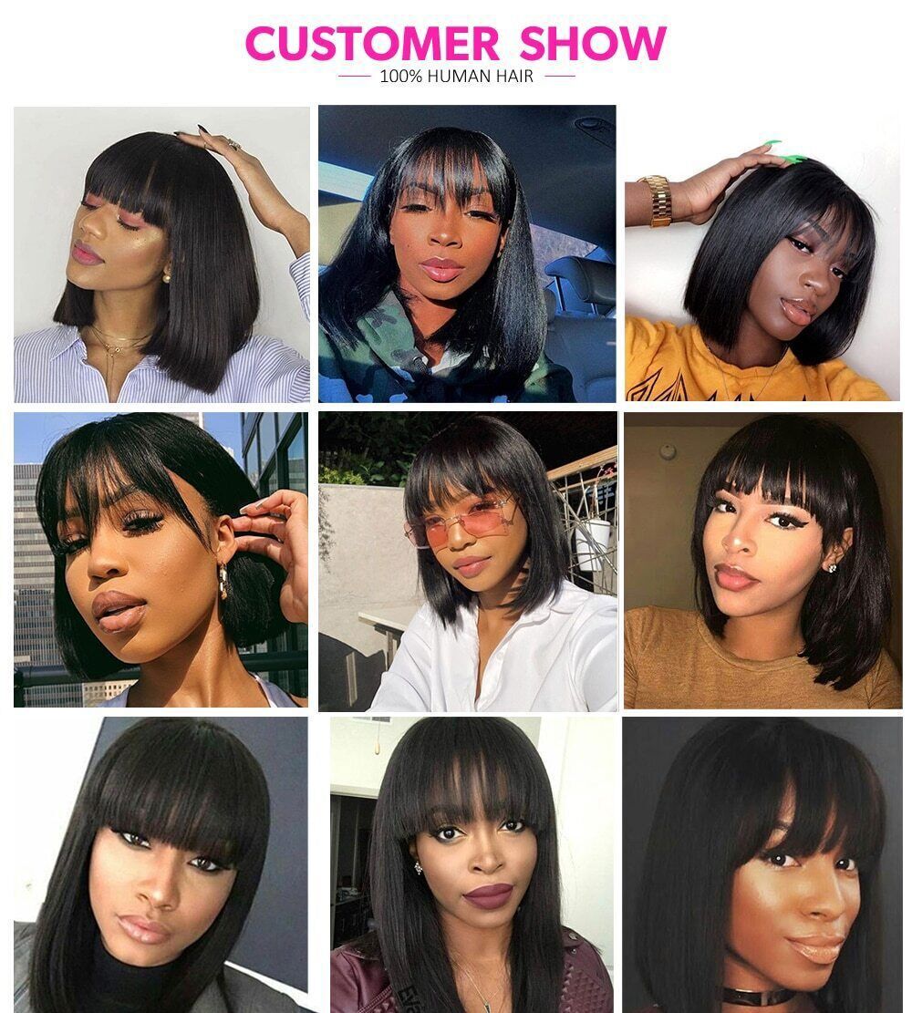 Straight Human Hair Wigs With Bangs Bone No Lace Full Machine Made Fringe Wig