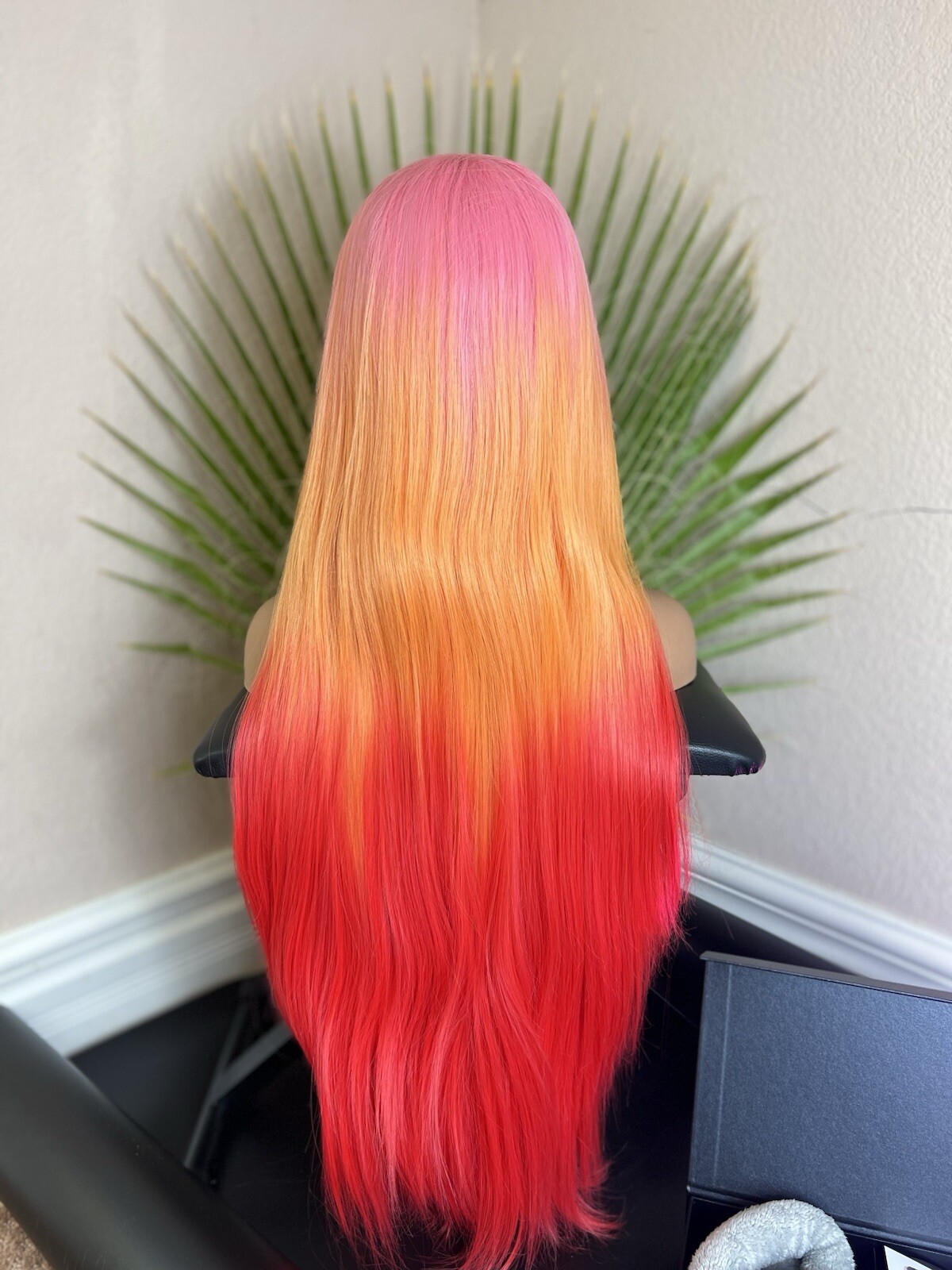 Rainbow Pastel Wig Ombré Orange Red Pink Lace Frontal Free Part 28 “ Straight