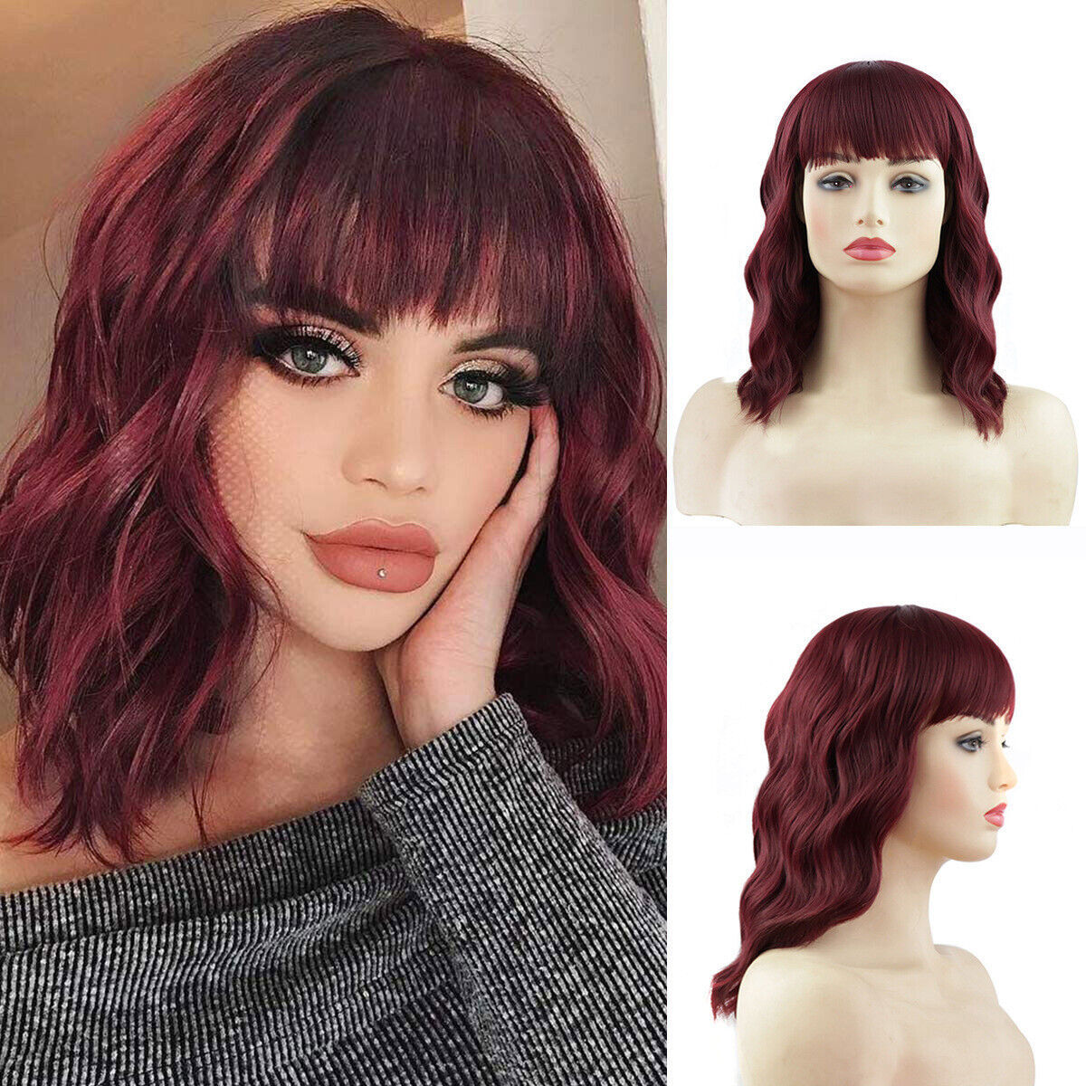 Burgundy Red Wavy Wigs with Bangs for Women Short Curly Bob Wigs with Bangs