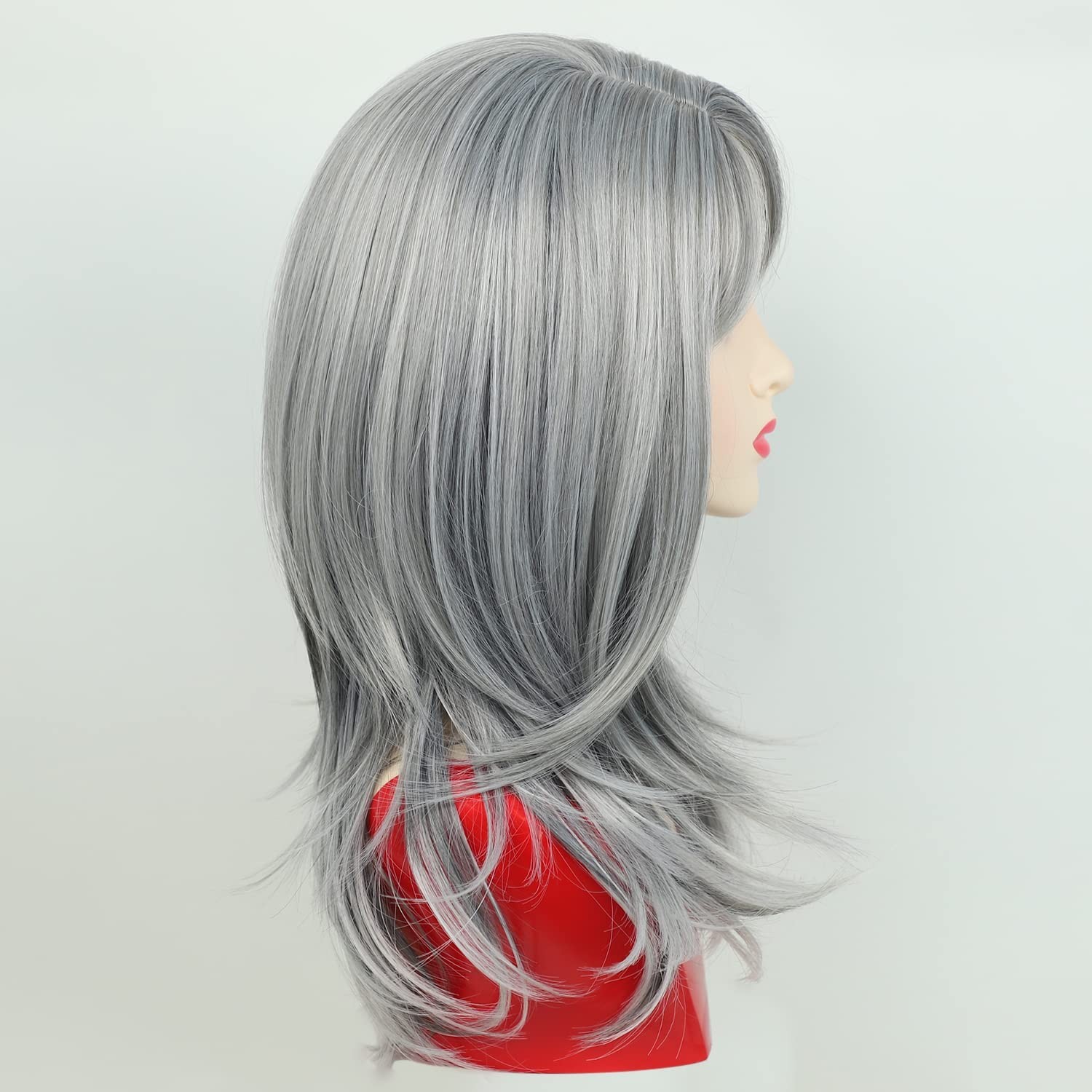 Silver Grey Wavy Wig for Women Medium Length with Bangs and Adjustable Straps