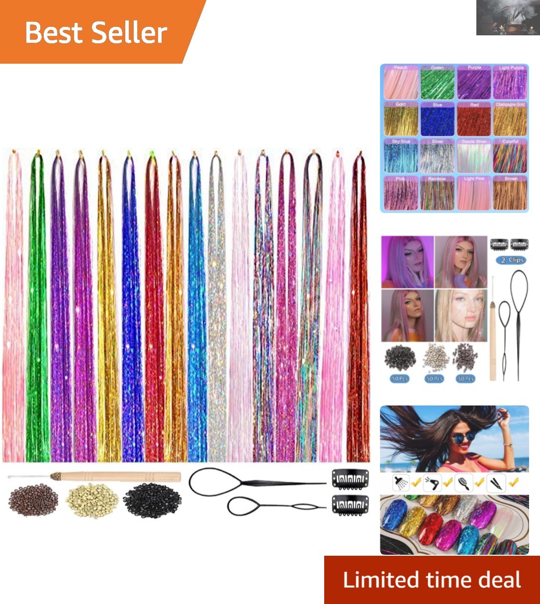 Sparkling Fairy Hair Kit: 3500 Strands in 16 Vibrant Colors, 48 Inch Extensions
