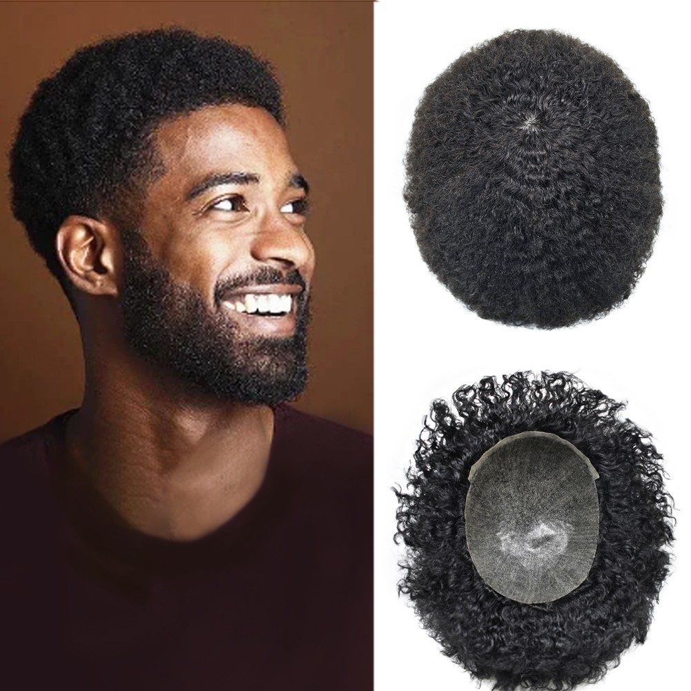 Afro Toupee for Black Men Full Poly Afro Wave Hair Units Human Hair PU System US