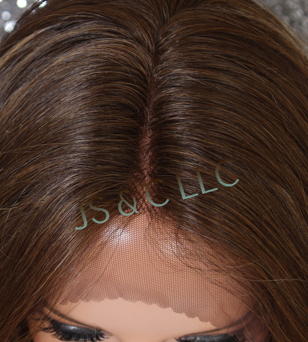 Human Hair Blend Full Mono Lace Front Wig Wavy Caramel N Blonde mix Heat OK WBSG