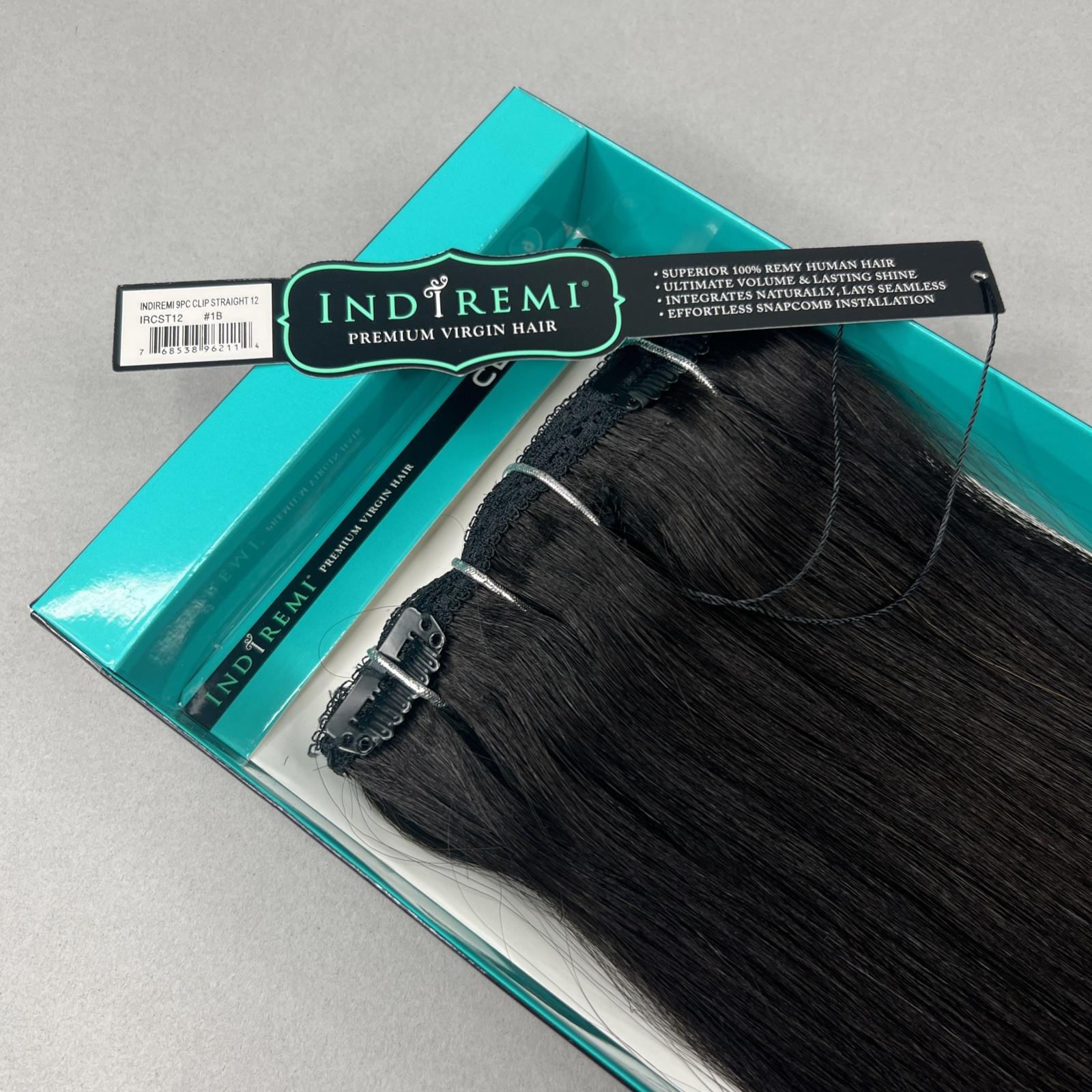 Indi Remi 9 Pc 12” Clip-in #1B Off Black Straight Human Virgin Hair Bobbi Boss