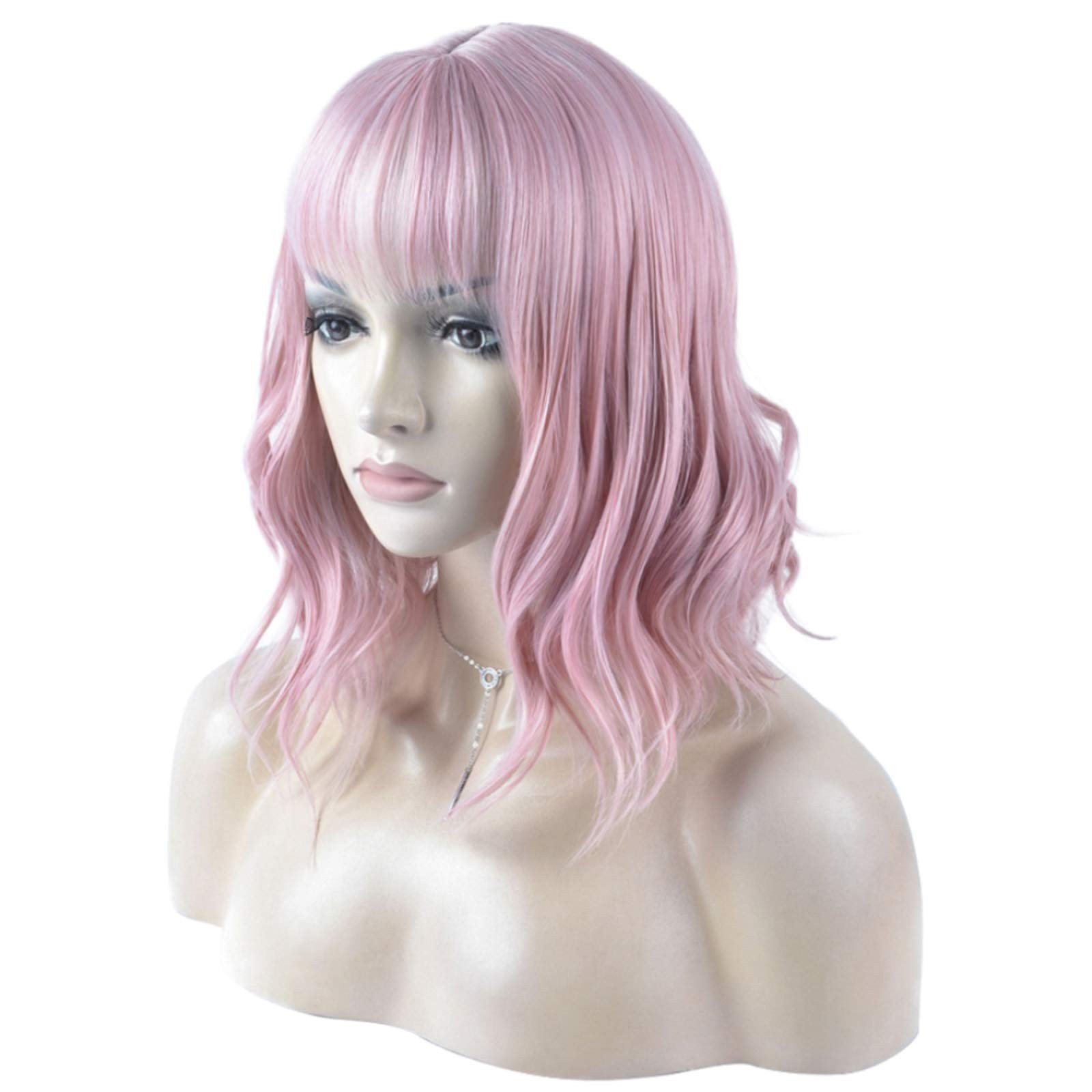 14 Inches Curly Wigs with Bangs for Women Girls Synthetic Wavy Hair Wig (Pink)